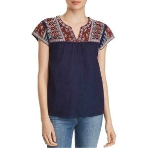 Johnny Was Ezra Navy Linen Embroidered Geometric Boho Top Size Small